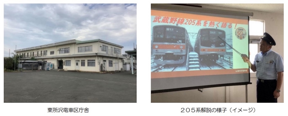 ニュース画像 1枚目：東所沢電車区庁舎(左) と205系解説の様子(イメージ)