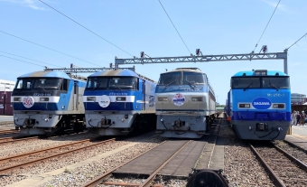 ニュース画像：EF210に掲出された「鉄道貨物輸送150年」記念ヘッドマーク(左から2番目)