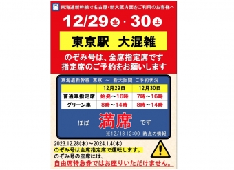 ニュース画像：12/29・30の東海道新幹線 東京駅発下り列車のご予約状況【JR東海公式】東京駅公式Xより