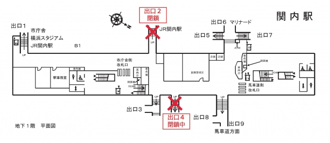 ニュース画像：関内駅地下1回平面図 - 「横浜市営地下鉄の関内駅、1月23日から「出口2」を閉鎖し「出口7」は開放 工事進捗で」