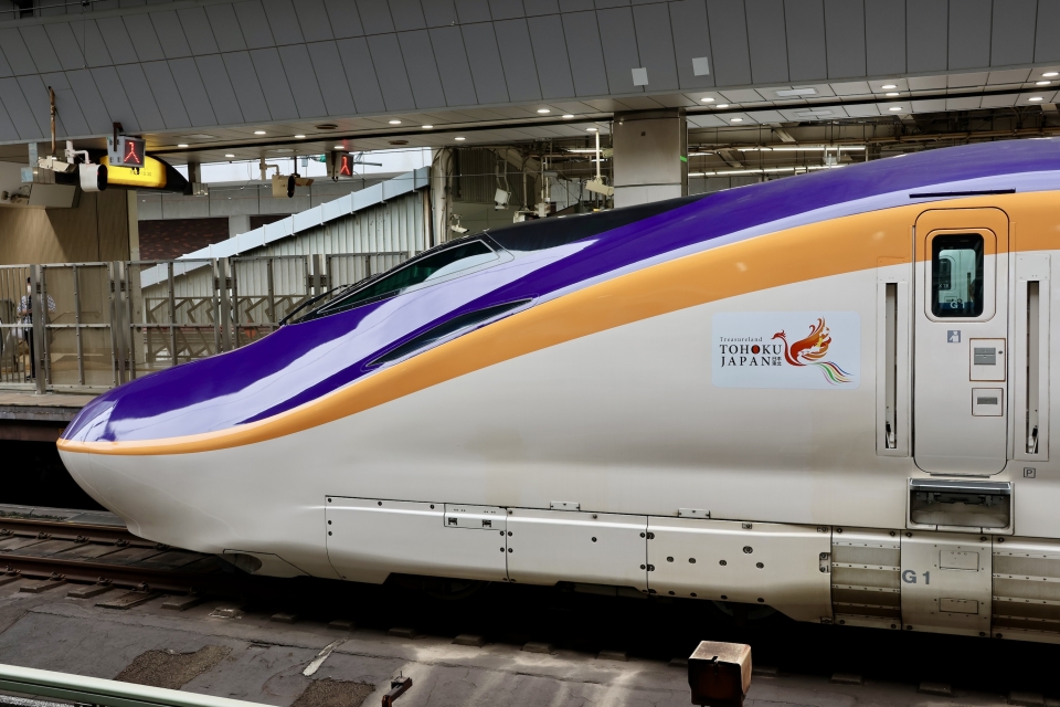 ニュース画像 2枚目：山形新幹線E8系(G1編成)17号車に貼り付けられている「Treasureland TOHOKU - JAPAN」ロゴマーク　2024年04月27日撮影