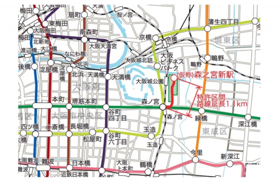 ニュース画像：路線計画図 - 「大阪メトロ、中央線 森ノ宮〜(仮称)森之宮新駅の軌道事業特許を取得 2028年春開業予定」