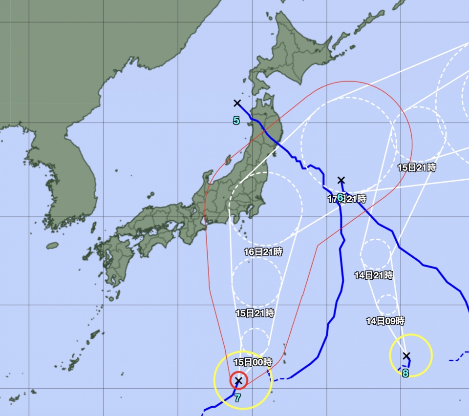 ニュース画像：台風7号の予報進路 - 「東海道新幹線 台風7号で“金土”計画運休の可能性、木曜に臨時のぞみ設定も 8月14日時点」