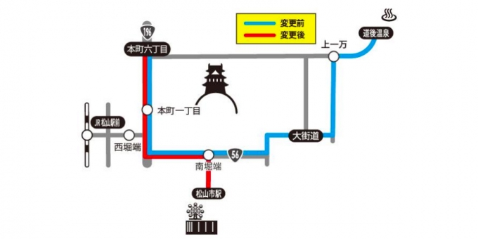 画像：変更後の運転経路 - 「伊予鉄道、3月1日から市内電車「本町線」 の経路を変更 松山市駅に乗り入れへ」