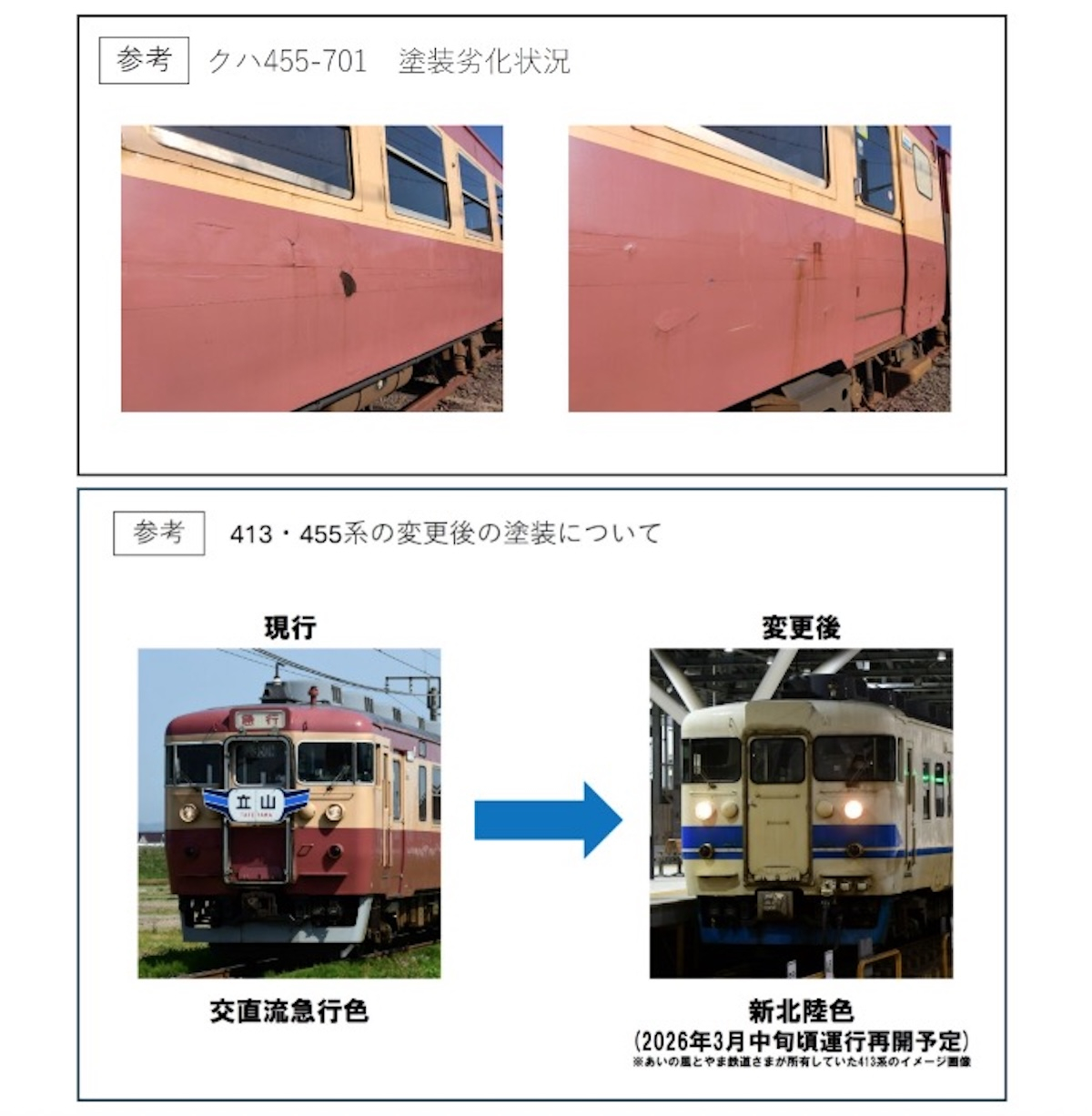 トキ鉄 413・455系「国鉄形観光急行」が“新北陸色”に！2026年3月登場