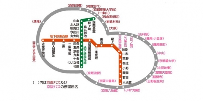 ニュース画像：「地下鉄・バス一日券」有効区間 - 「京都市交通局、新しい1日乗り放題乗車券「地下鉄・バス一日券」を3月17日に発売 」