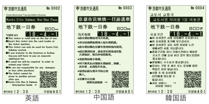 ニュース画像：外国語で印字された地下鉄一日乗車券 - 「京都市営地下鉄、4カ国語対応の券売機で「地下鉄1日券」発売へ 選択した言語で印字」