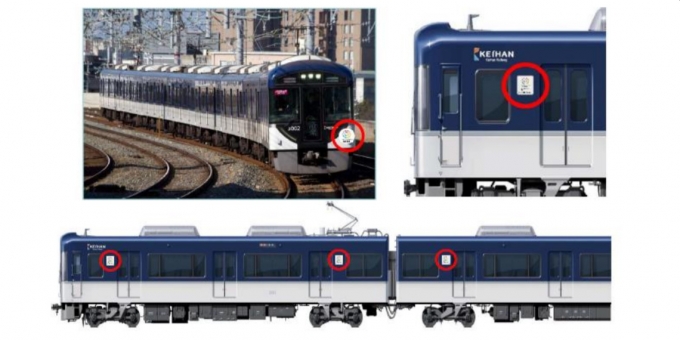 ニュース画像：扉横ステッカーとヘッドマークのイメージ - 「京阪電鉄、万博誘致をPRするステッカー、ヘッドマークを掲出 3000系全編成」