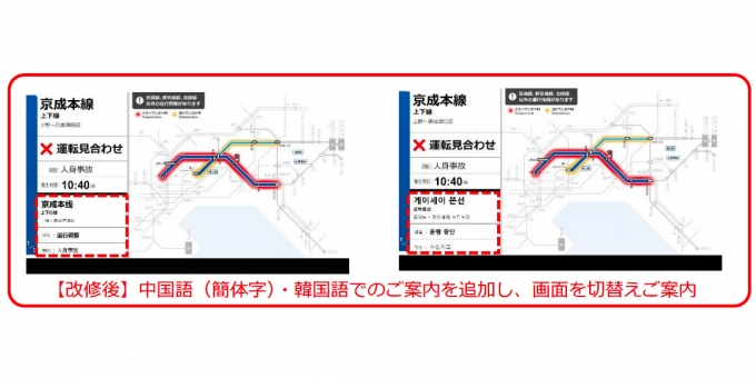 ニュース画像：多言語化 表示イメージ - 「京成、北総、新京成、駅の運行情報ディスプレイに中国語と韓国語を追加」