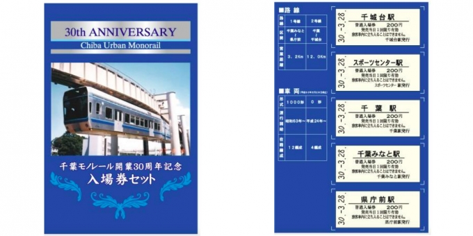 ニュース画像：開業30周年記念入場券セット 台紙と券面のイメージ - 「千葉モノレール、開業30周年を記念した入場券と乗車券を発売」