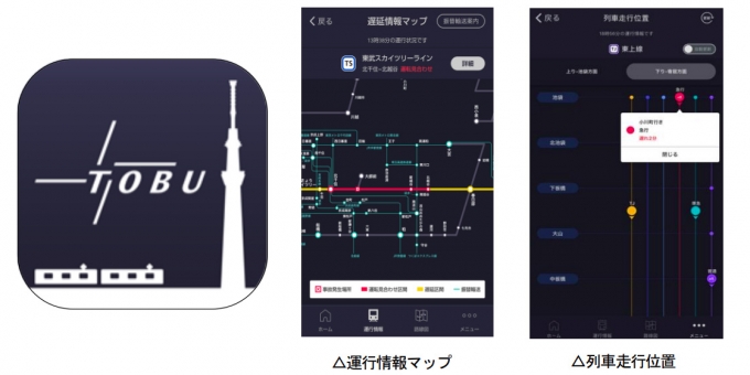 ニュース画像：アプリのアイコンと表示画面のイメージ - 「東武鉄道、スマホアプリ「東武線アプリ」の提供を3月29日から開始」