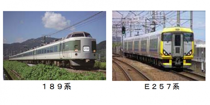 ニュース画像：「Y159記念列車」で使用される189系とE257系 - 「JR東日本、189系とE257系で「Y159記念列車」運行 5月26日と27日」