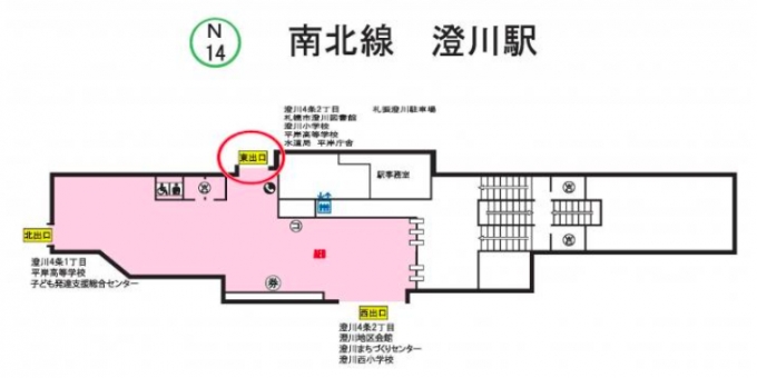 ニュース画像：澄川駅の工事位置 - 「札幌市営地下鉄南北線、澄川駅の東出口を耐震補強工事で一時閉鎖」