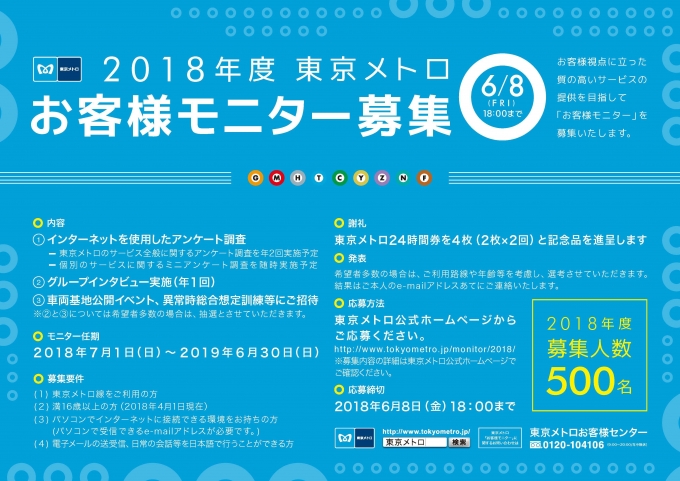 ニュース画像：お客様モニター 募集 - 「東京メトロ、2018年度「お客様モニター」500名を募集 任期は7月から」