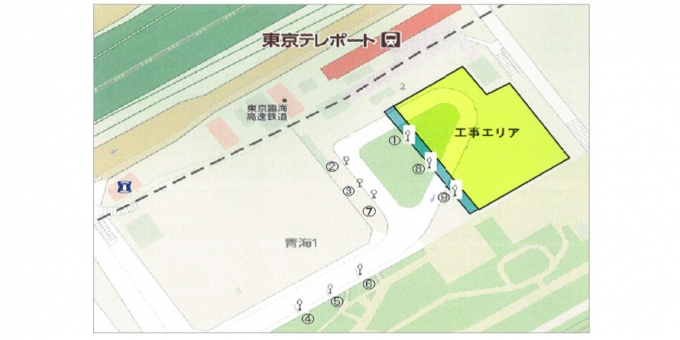 画像：移設対象の停留場の位置 - 「東京テレポート駅、駅前広場改修で都バス停留場が臨時移設 6月2日から」