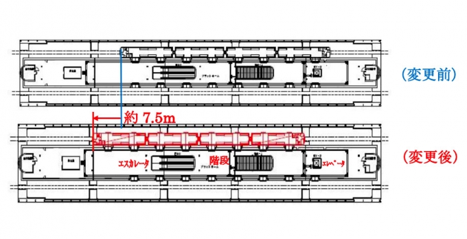 画像：停車位置の変更の概要 - 「大阪モノレール、千里中央駅の門真市・彩都西方面行き列車の停車位置を変更」
