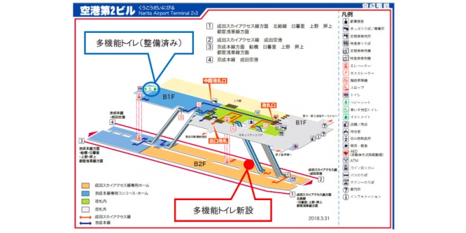 ニュース画像：多機能トイレの設置箇所 - 「成田空港の空港第2ビル駅、ホームドアとホーム多機能トイレは年度内に整備へ」