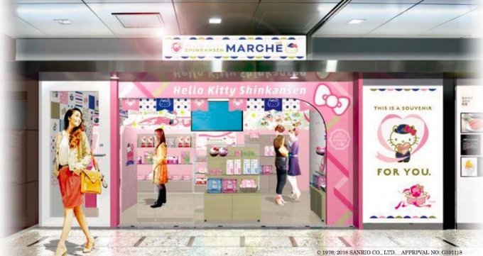 画像：「ハローキティ新幹線 MARCHE」の店舗イメージ - 「JR西日本、博多駅にハローキティ・テーマのMARCHEとCAFEをオープン」