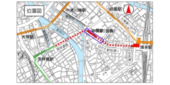 ニュース画像：工事位置 - 「福岡市交通局、はかた駅前通りの車線規制を変更 七隈線工事にあわせ」