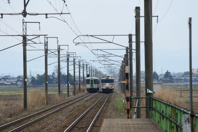 鉄道乗車記録の写真:乗車した列車(外観)(2)        「乗車する酒田行きの825Dと鶴岡行きの222Dとの離合
ちなみに近年は701系が入ってるので珍しい写真と言えばそうかも。」