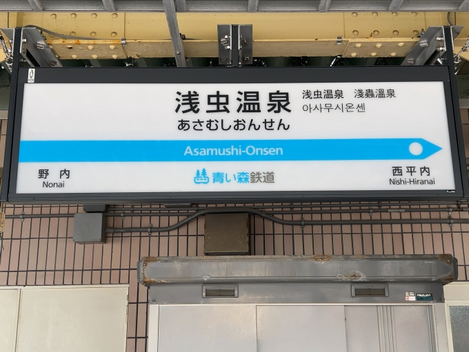 鉄道乗車記録の写真:駅名看板(2)        「青い森鉄道線　浅虫温泉駅　駅名標」