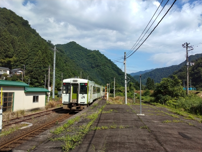 鉄道乗車記録の写真:乗車した列車(外観)(1)          「会津若松6:46発223Dを見送る。
線路際の草の丈が高くて撮影場所が見つからず、結局昨日に続き五十島で降りた。」