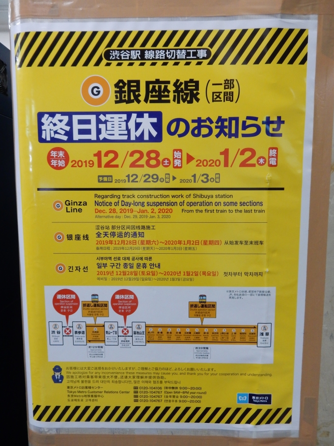 鉄道乗車記録の写真:駅舎・駅施設、様子(4)        「2019年12月28日から2020年1月2日に実施される線路切替工事の告知。この工事により、1938年（昭和13年）に開業し、東京高速鉄道～帝都高速度交通営団～東京メトロと81年使用されていた渋谷駅は、明治通り上の新ホームへ移設。」