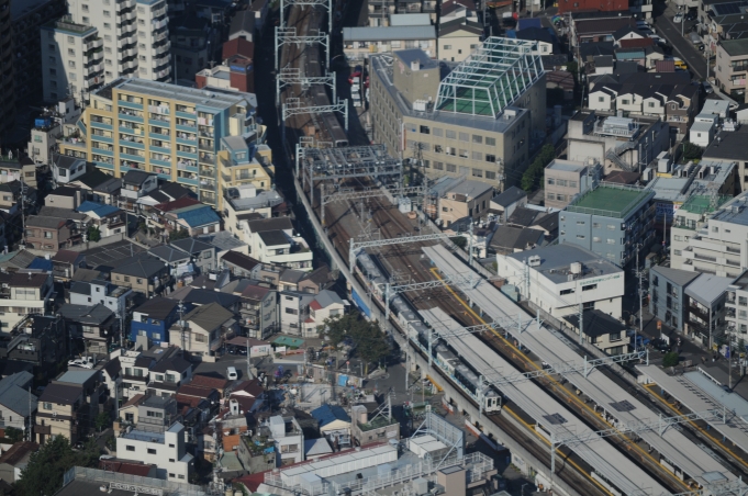 鉄道乗車記録の写真:旅の思い出(2)        「スカイツリーから見た「東武スカイツリーライン曳舟駅」。スカイツリートレインが通過中。」