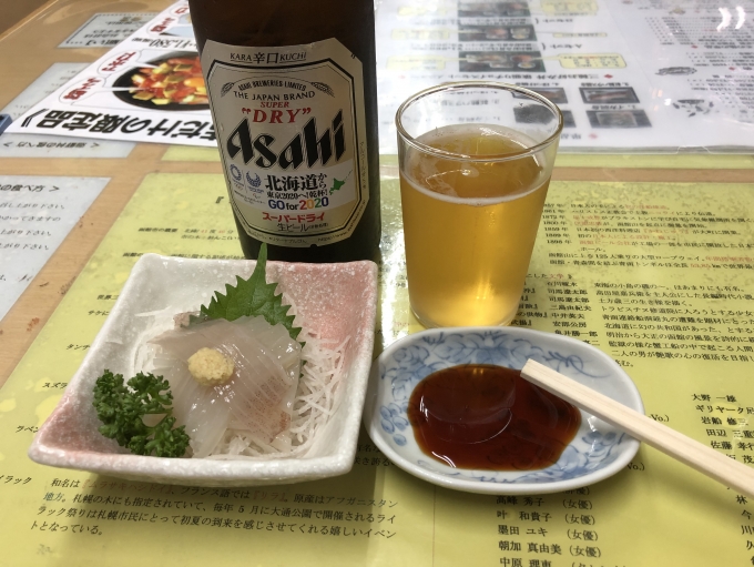 鉄道乗車記録の写真:旅の思い出(14)        「函館駅到着後に朝市でいただいたイカ刺しとビール。」