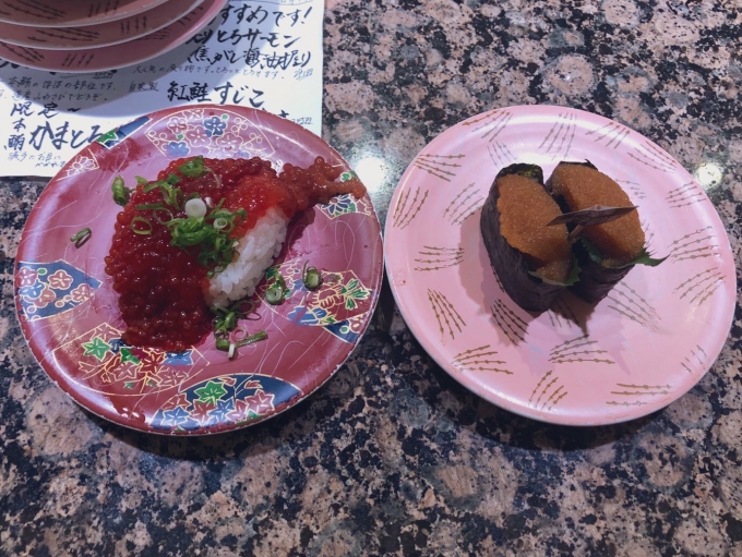 鉄道乗車記録の写真:旅の思い出(11)        「札幌駅到着後にいただいた、回転寿司根室花まるJRタワーステラプレイス店の寿司その3。」