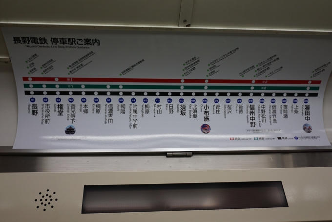 鉄道乗車記録の写真:車内設備、様子(4)        「長野電鉄停車案内」