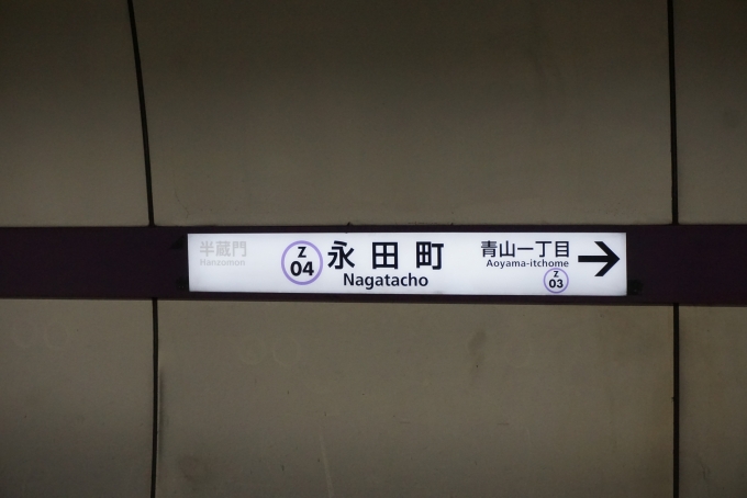 鉄道乗車記録の写真:駅名看板(2)        「半蔵門線永田町駅」