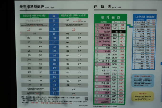 鉄道乗車記録の写真:駅舎・駅施設、様子(8)        「福井鉄道福井駅時刻表」