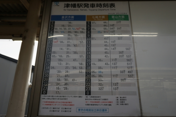 鉄道乗車記録の写真:駅舎・駅施設、様子(1)        「津幡駅発車時刻表」