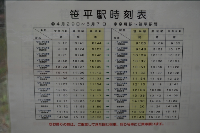 鉄道乗車記録の写真:駅舎・駅施設、様子(1)        「笹平駅時刻表」