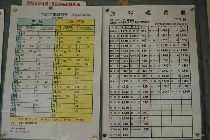 鉄道乗車記録の写真:駅舎・駅施設、様子(2)        「下立駅時刻表と運賃」