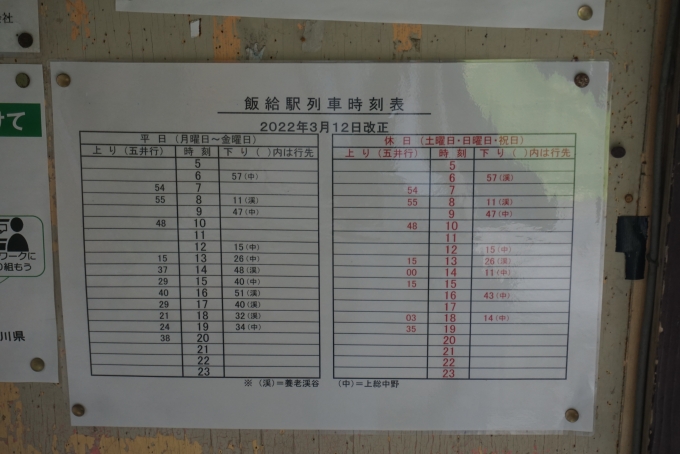 鉄道乗車記録の写真:駅舎・駅施設、様子(21)        「飯給駅列車時刻表」