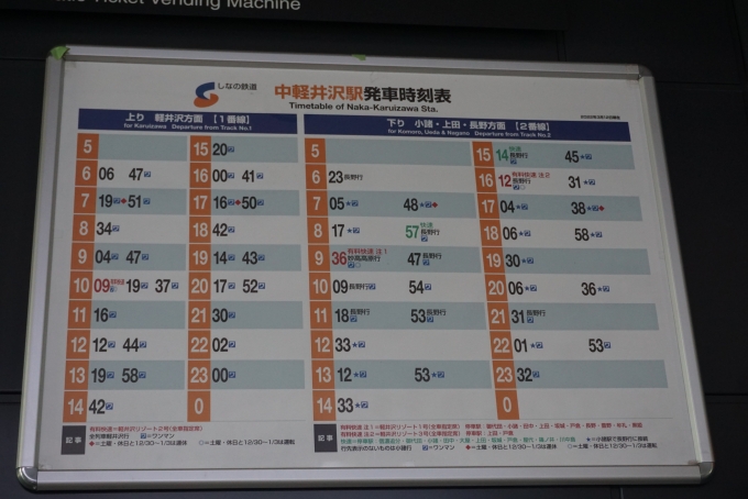 鉄道乗車記録の写真:駅舎・駅施設、様子(14)        「中軽井沢駅発車時刻表」