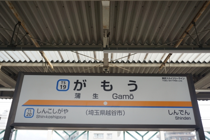 鉄道乗車記録の写真:駅名看板(4)        「新田駅にいるとき、リアル桃太郎電鉄アプリでサイコロを振ったら、1が出たので隣の蒲生駅に移動しました。」