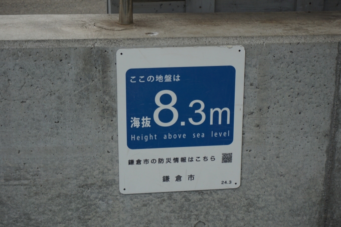鉄道乗車記録の写真:駅舎・駅施設、様子(7)        「由比ヶ浜駅
ここの地盤は海抜8.3m」