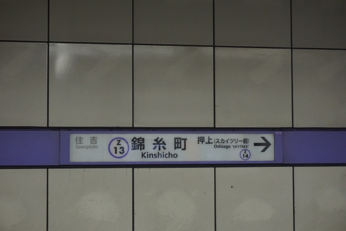 鉄道乗車記録の写真:駅名看板(2)        「半蔵門線錦糸町駅」
