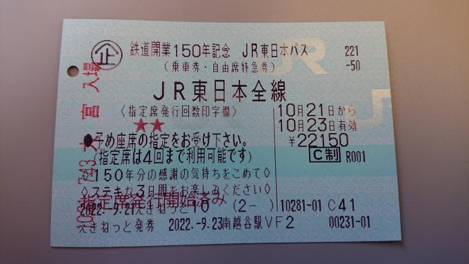 鉄道乗車記録の写真:きっぷ(7)     「JR東日本パス1日目」