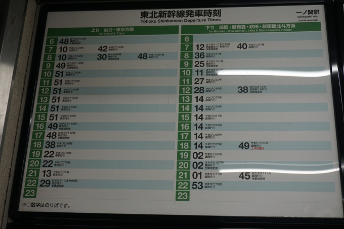 鉄道乗車記録の写真:駅舎・駅施設、様子(10)        「東北新幹線一ノ関駅時刻表」