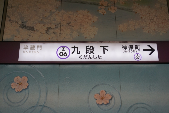 鉄道乗車記録の写真:駅名看板(1)        「半蔵門線九段下駅」