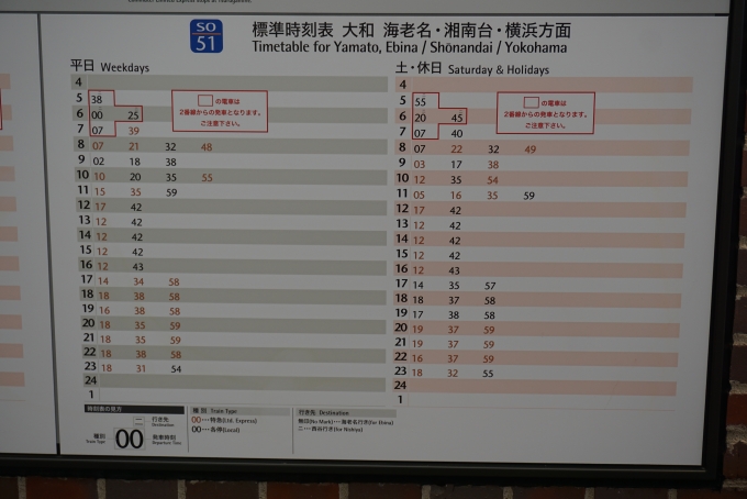 鉄道乗車記録の写真:駅舎・駅施設、様子(17)        「海老名方面時刻表」