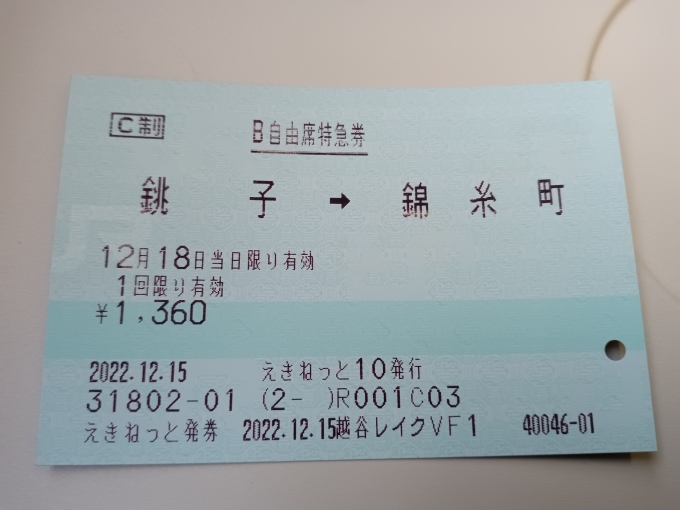 鉄道乗車記録の写真:きっぷ(12)        「銚子→錦糸町自由席特急券」