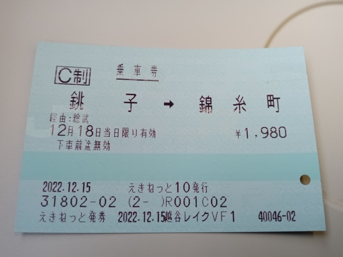 鉄道乗車記録の写真:きっぷ(13)        「銚子→錦糸町乗車券」