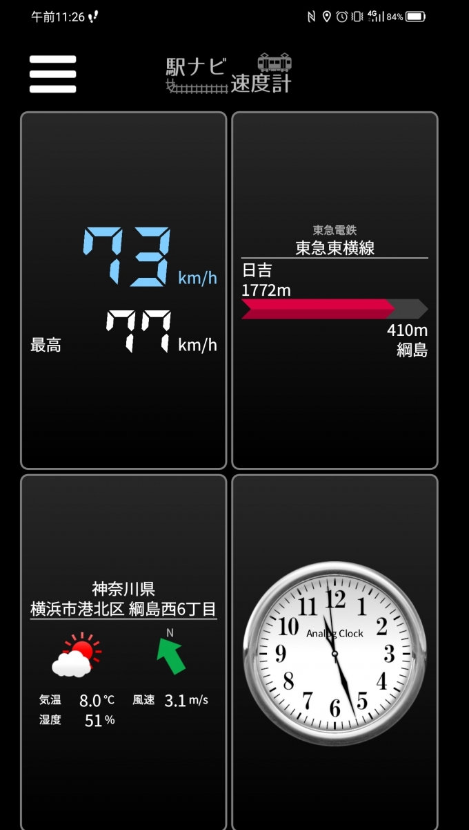 鉄道乗車記録の写真:旅の思い出(3)        「日吉駅→綱島駅を時速73キロで走行中」