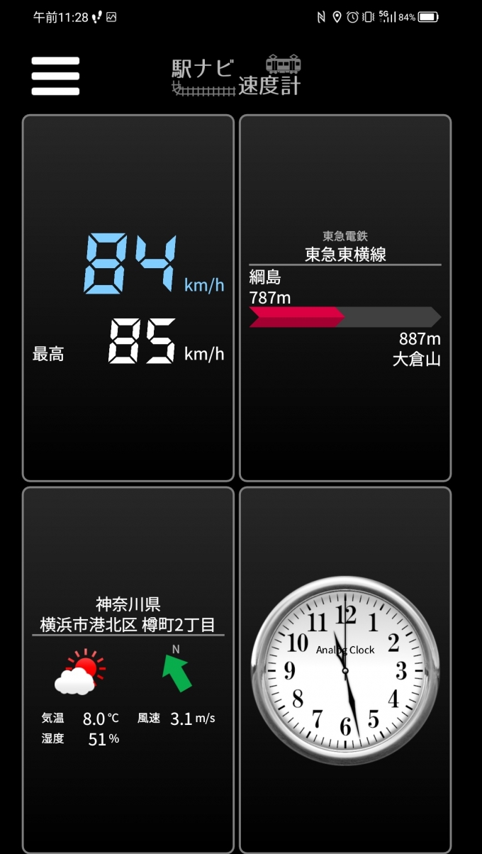 鉄道乗車記録の写真:旅の思い出(4)        「綱島駅→大倉山駅を時速84キロで走行中」