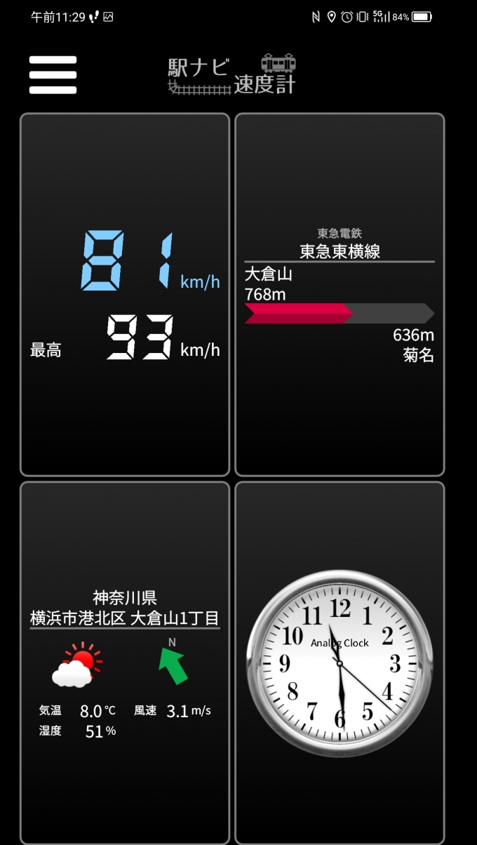 鉄道乗車記録の写真:旅の思い出(5)        「大倉山駅→菊名駅を時速81キロで走行中」